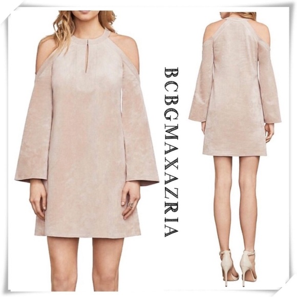 NWT. BCBGMaxAzria XS Laguna Faux-Suede Cold-Shoulder Long Sleeve Shift Dress. - Picture 1 of 13